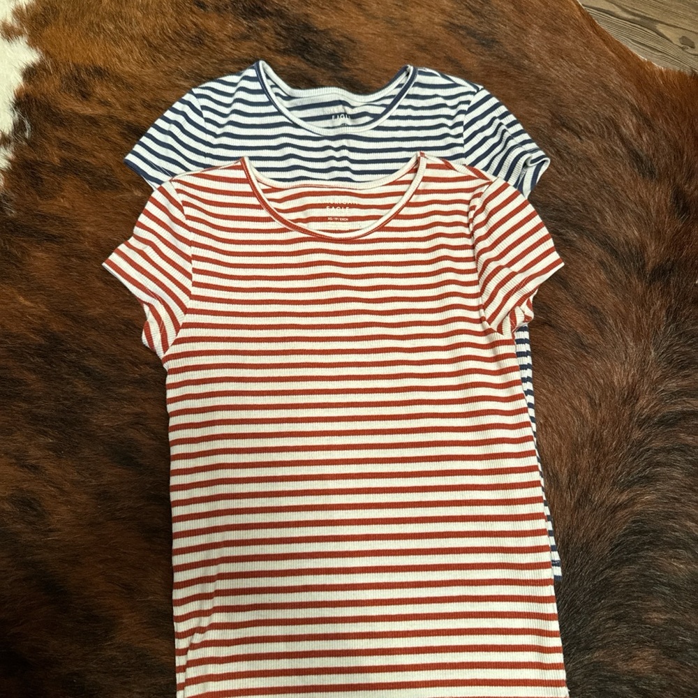 American Eagle Outfitters Striped Short Sleeve Tees - Orange and Blue